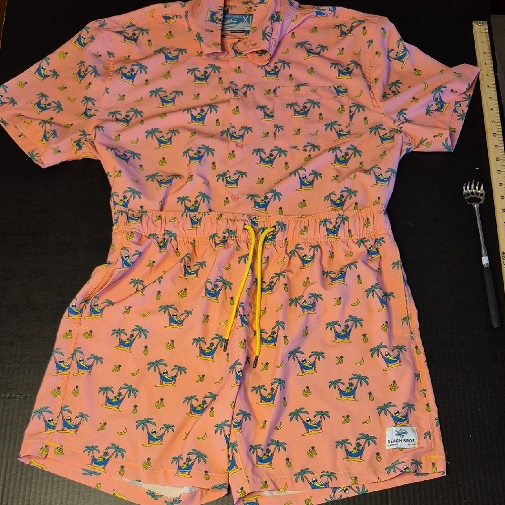 💣BEACH BROS SURF SHOP Pink Palm Tree Print Shirt and Shorts Set